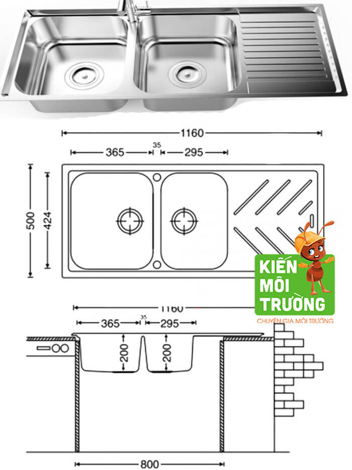 Kích thước bồn rửa bát 2 ngăn có bàn