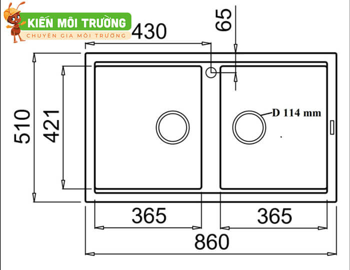 Kích thước chậu rửa bát 2 ngăn không bàn